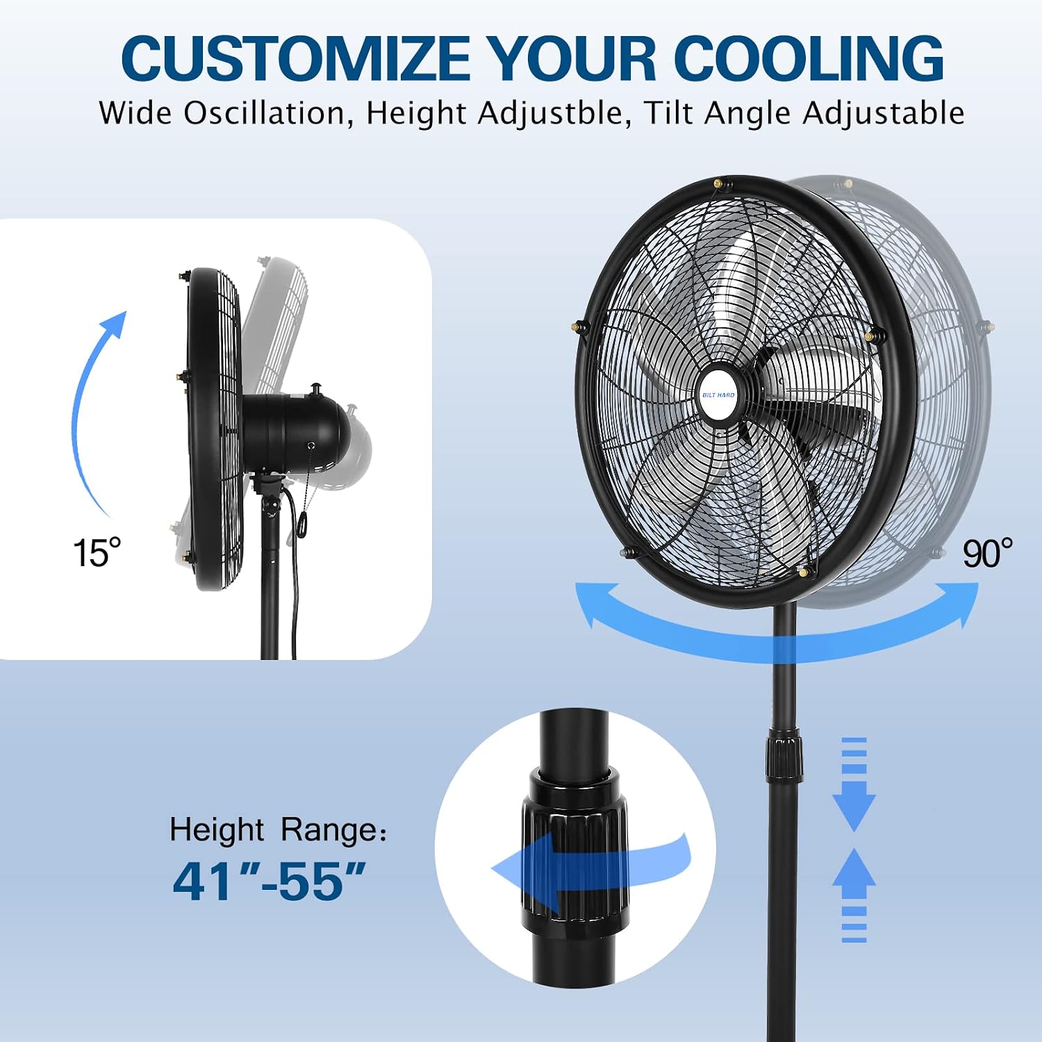 Bilt Hard 18" Oscillating High-Velocity Outdoor Pedestal Misting Fan, 3-Speed Patio Fans For Outside, Adjustable Height, 120° Oscillation, Waterproof, Industrial Fan For Outdoor- Ul Listed Black