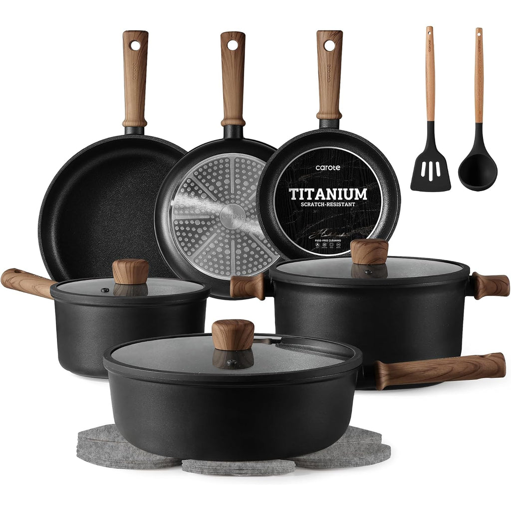 Carote Nonstick Pots And Pans, Induction Titanium Cookware Set 16Pcs Kitchen Cooking Sets, Pot And Pan Non Stick W/Frying Pan (Pfos, Pfoa Free)