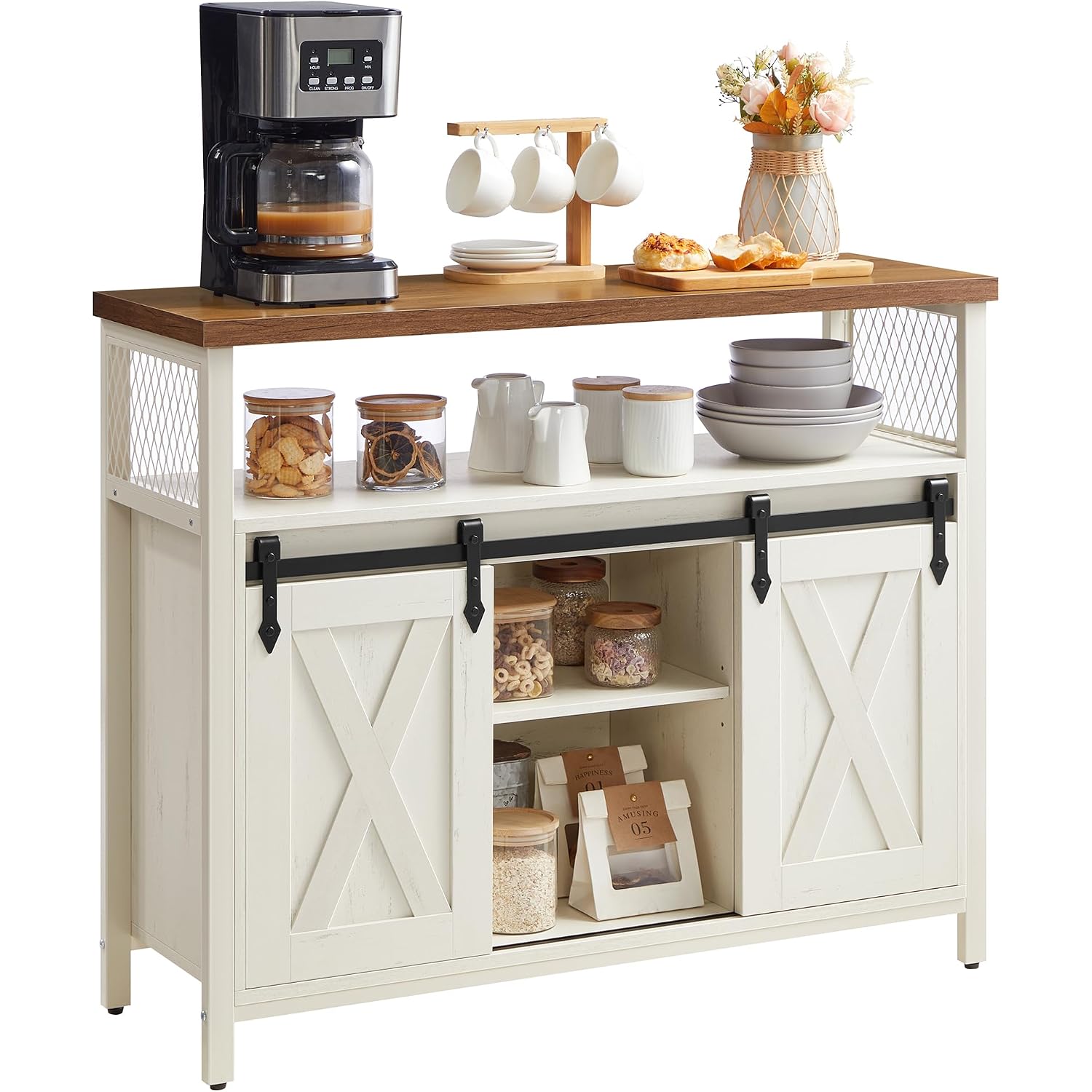 Vasagle Buffet Cabinet, Coffee Bar Storage Cabinet, Sideboard With 2 Sliding Barn Doors, Adjustable Shelves, 13 X 39.4 X 31.5 Inches, For Living Room, Rustic White And Honey Brown Ulsc092W01