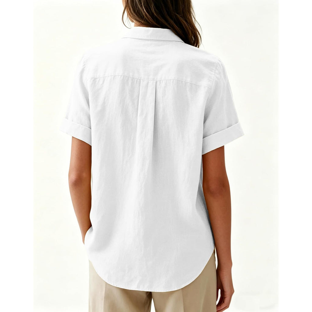 Aoudery Womens Button Down Shirts Short Sleeve Summer Oxford V Neck Collared Button Up Casual Blouses Tops With Pocket