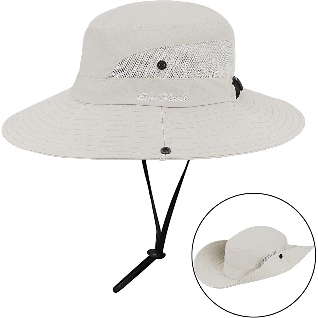 Women's Outdoor UV-Protection-Foldable Sun-Hats Mesh Wide-Brim Beach Fishing Hat with Ponytail-Hole