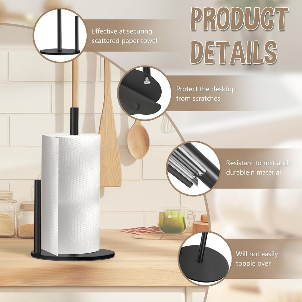Paper Towel Holder Countertop, Premium Stainless Steel Black Paper Towel Holder with Anti Slip & Waterproof, Freestanding Countertop Paper Towels Holder for Kitchen, Tabletop, Bathroom