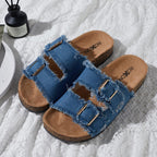 Roxoni Women'S Comfort Flat Sandals Double Buckle Adjustable Straps Flat Slides Footbed Suede