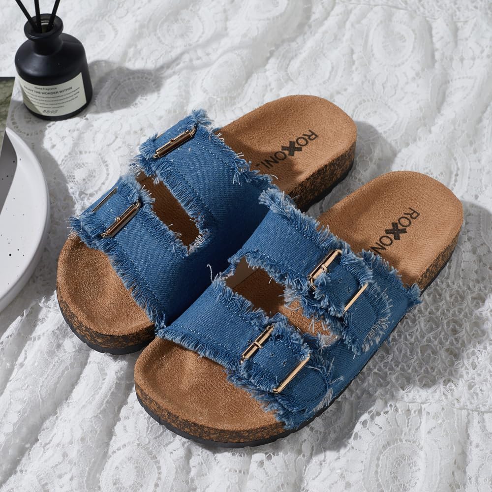 Roxoni Women'S Comfort Flat Sandals Double Buckle Adjustable Straps Flat Slides Footbed Suede