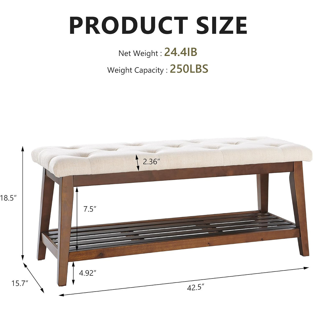 Upholstered Bench For Bedroom End Of Bed,42.5-Inch Entryway Bench For Living Room,Dining Bench With Padded Seat And Solid Wood Leg For Kitchen Bedroom,Indoor And Hallway (Shoe Bench, Beige)