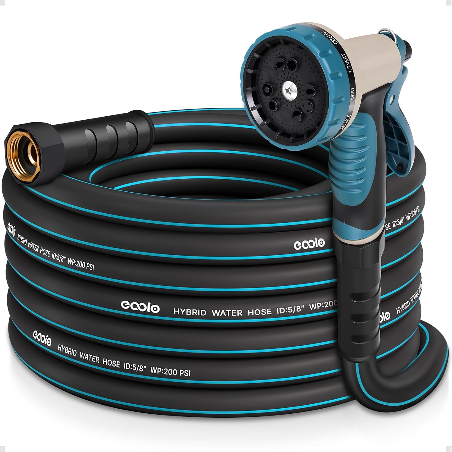 Garden Hose 25 Ft X 5/8" With Nozzle, Water Hose Heavy Duty Flexible, Lightweight Kink-Less Hybrid Hose With Swivel Handle, Male To Female Fittings