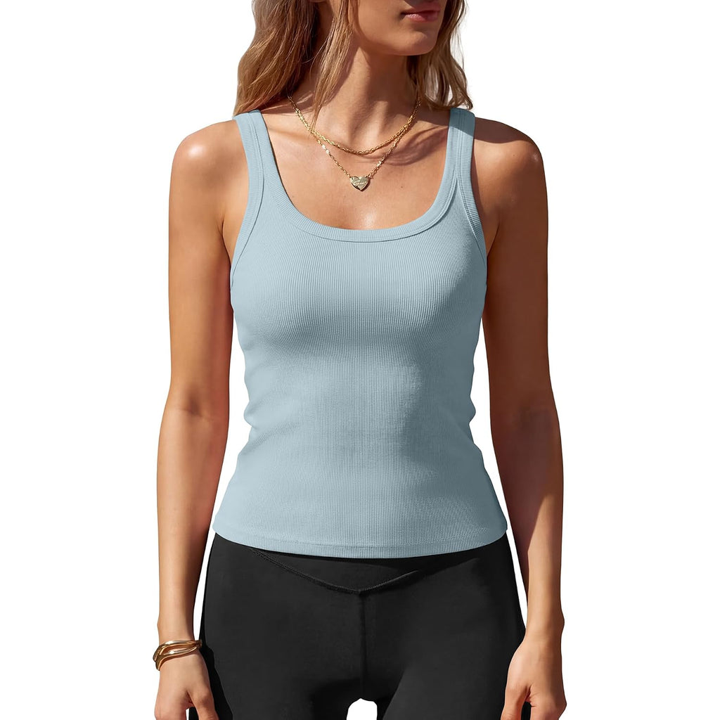 Women Sleeveless Tank Tops with Built in Bra Square Neck Cotton Ribbed Basic Cami Summer Workout Tops 2026