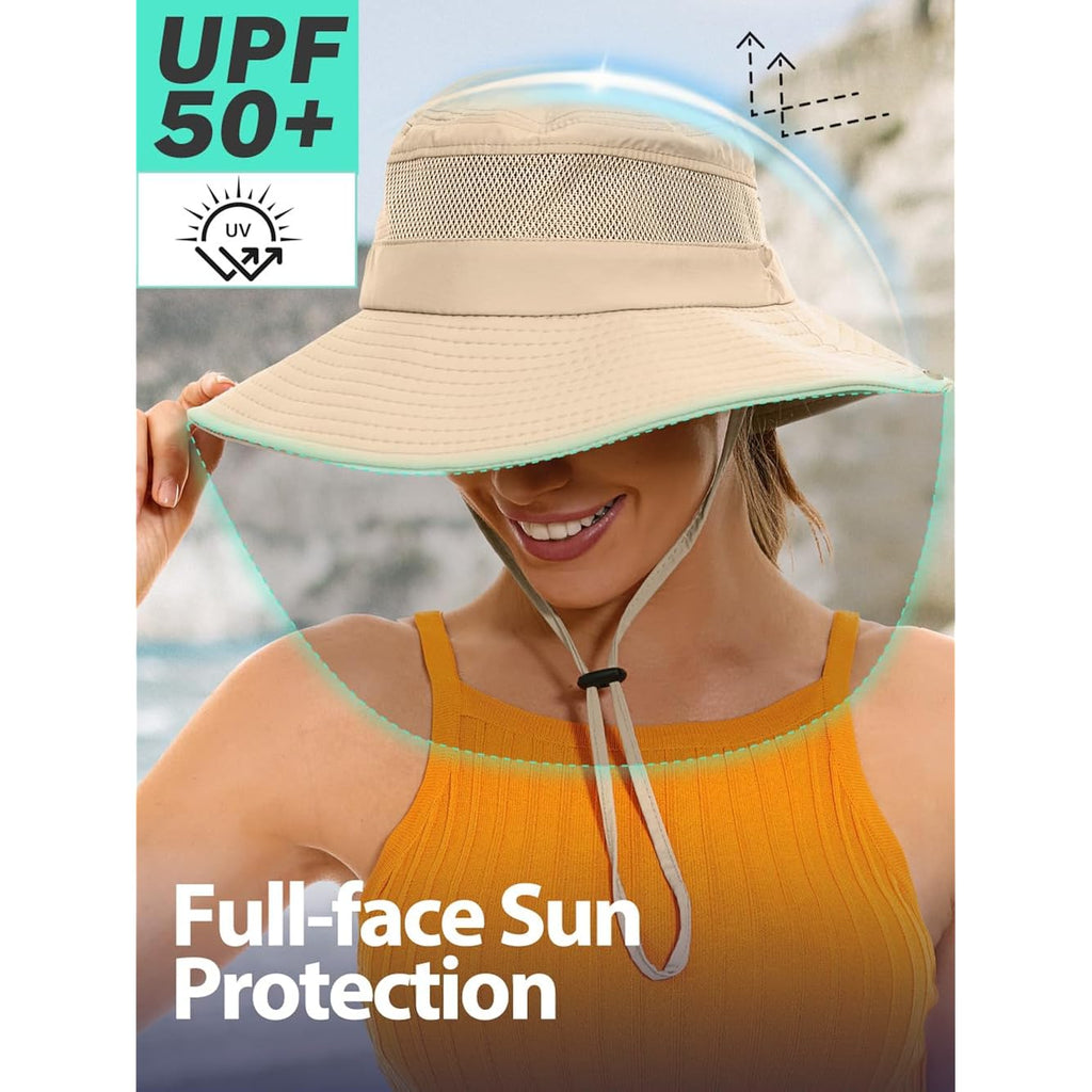 Sun Bucket Beach Hats for Women with Ponytail Hole,Sun Protection UV UPF50+ Waterproof Fishing Safari Hiking Hat