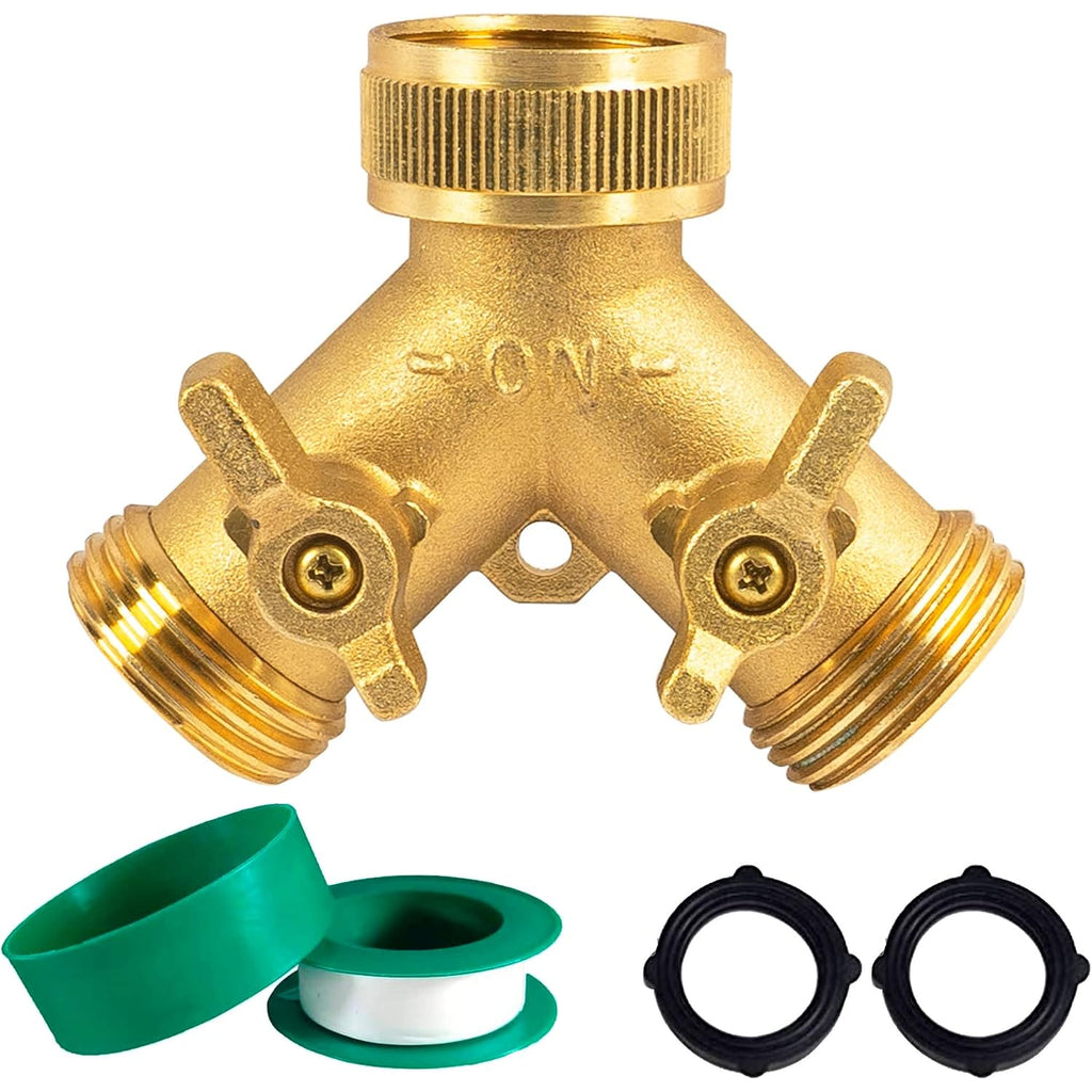Hourleey Brass Garden Hose Splitter (2 Way), Solid Brass Hose Y Splitter 2 Valves With 2 Extra Rubber Washers (Brass)