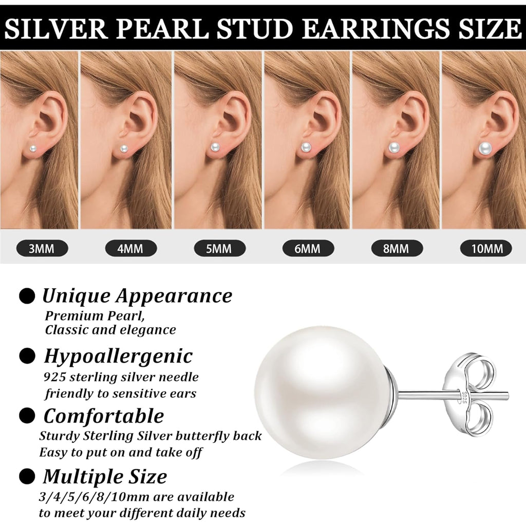 Senteria 925 Sterling Silver Pearl Earrings Studs Set Hypoallergenic Small Stud Earrings Lightweight Shiny Earrings Studs for Women 6 Pairs 3-10MM