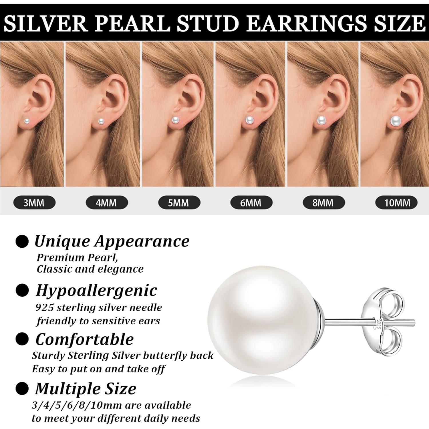 Senteria 925 Sterling Silver Pearl Earrings Studs Set Hypoallergenic Small Stud Earrings Lightweight Shiny Earrings Studs for Women 6 Pairs 3-10MM