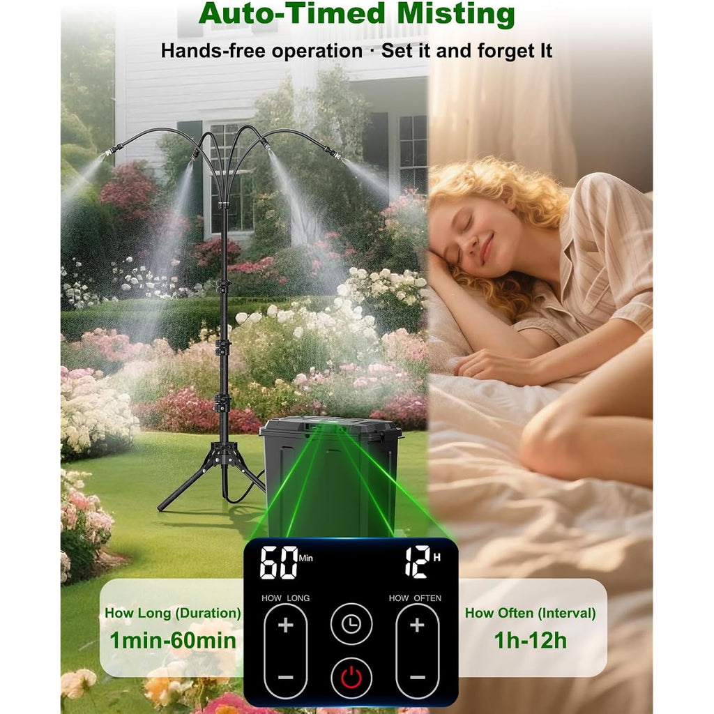 Portable Misting System With Stand, Water Cooling Misters Set For Outside Patio - 9L Bucket Built-In 10000Mah Battery & Pcs Pump & Timer For Outdoor, Canopy, Sport, Golf, Beach, Greenhouse, Camp