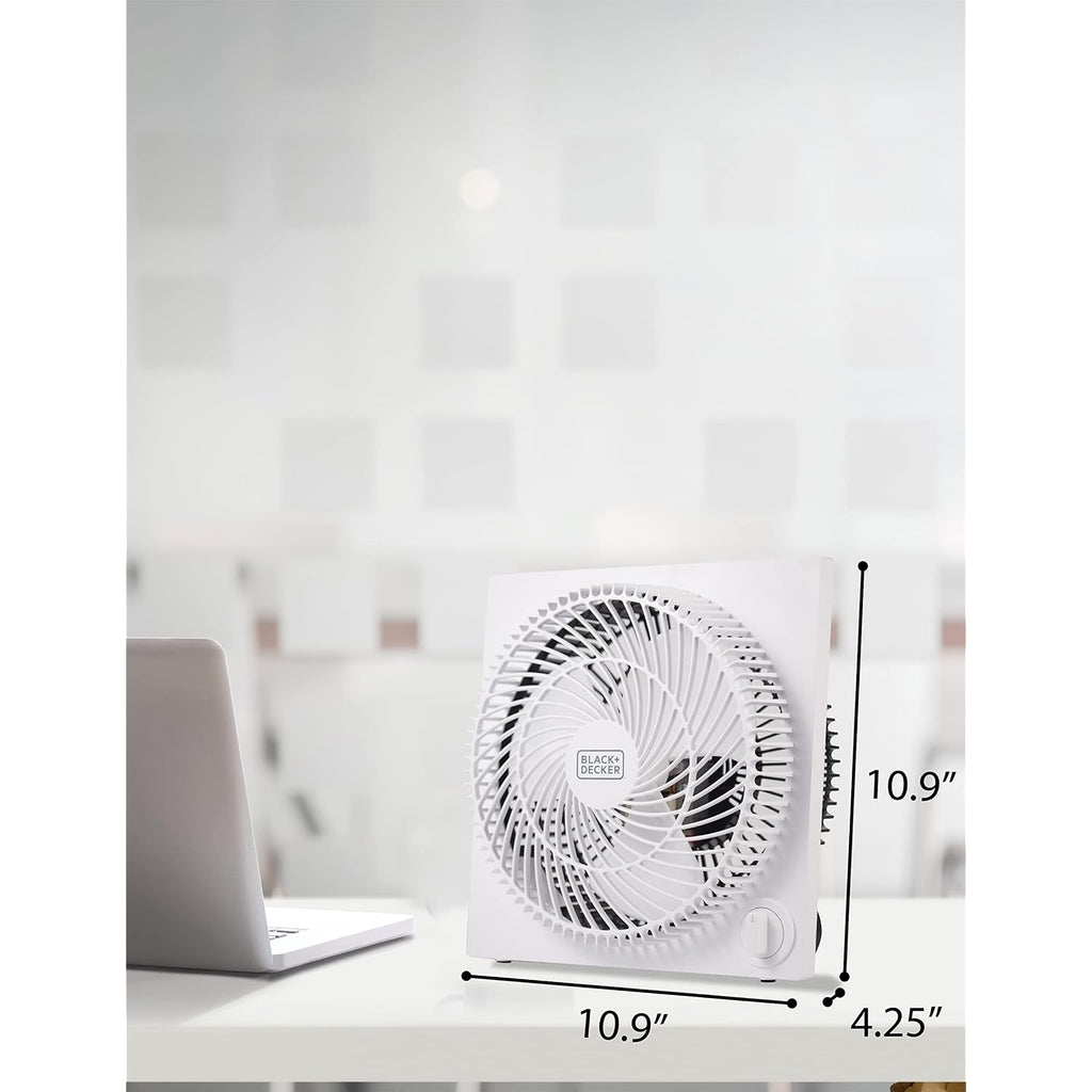Black+Decker 9-Inch Frameless Box Fan, 3-Speed Settings, Bfb09W, White | Desk Fan With 3-Speed Settings, Quiet And Lightweight Portable For Home Office Or Garage, Self-Standing Frameless Design
