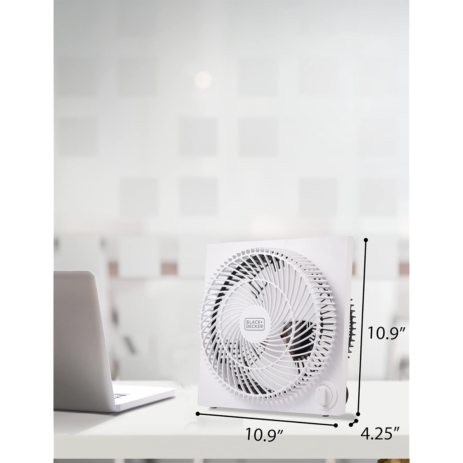 Black+Decker 9-Inch Frameless Box Fan, 3-Speed Settings, Bfb09W, White | Desk Fan With 3-Speed Settings, Quiet And Lightweight Portable For Home Office Or Garage, Self-Standing Frameless Design