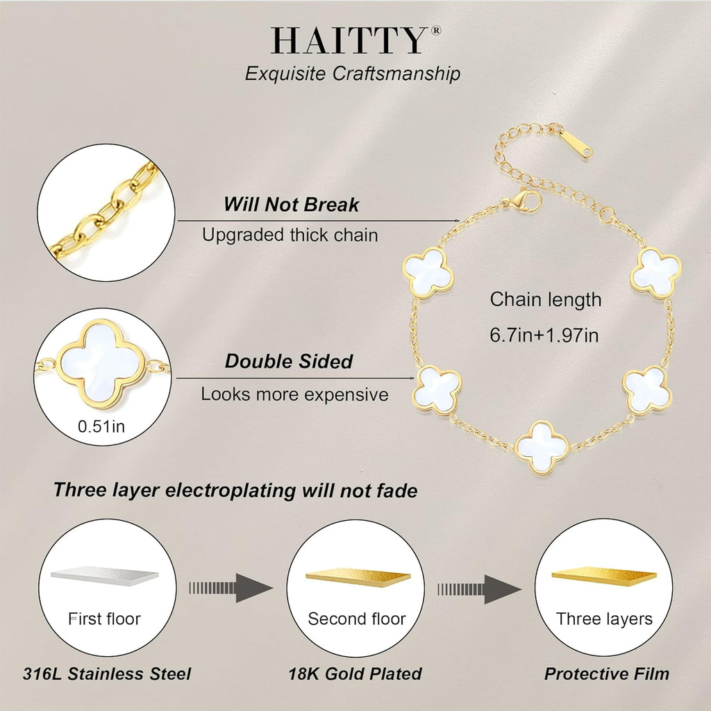 18K Gold Plated Clover Bracelet Set for Women White/Black/Gold/Silver/Green/Pink Adjustable Link Double-Sided Lucky Bracelets Trendy Bracelets Set Jewelry Gifts for Women Men