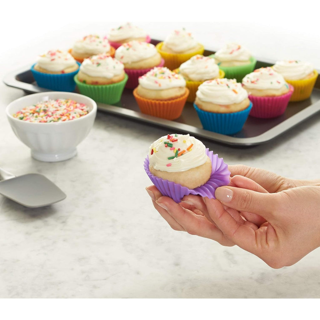 Amazon Basics Reusable Non-Stick Silicone Baking Cups, Bpa Free, Muffin Liners, Dishwasher Safe, Microwave And Oven Safe, 2.9 X 2.9 X 1.3 In (Lxwxh), Multicolor, 12-Pack