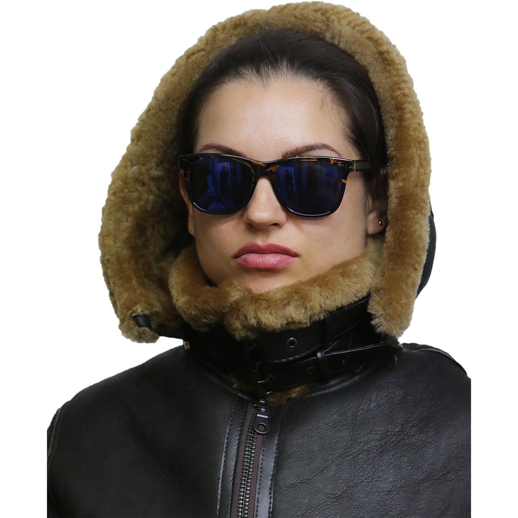 Brandslock Women'S Genuine Sheepskin Leather Flying Aviator Winter Jacket With Hood