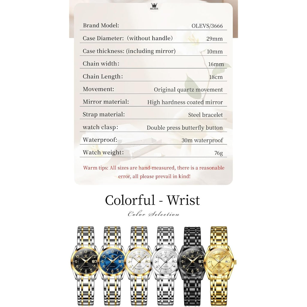 OLEVS Womens Watches Classic Dress Quartz Female Wristwatch Ladies Stainless Steel Waterproof Luminous Date Easy Read Watch for Lady