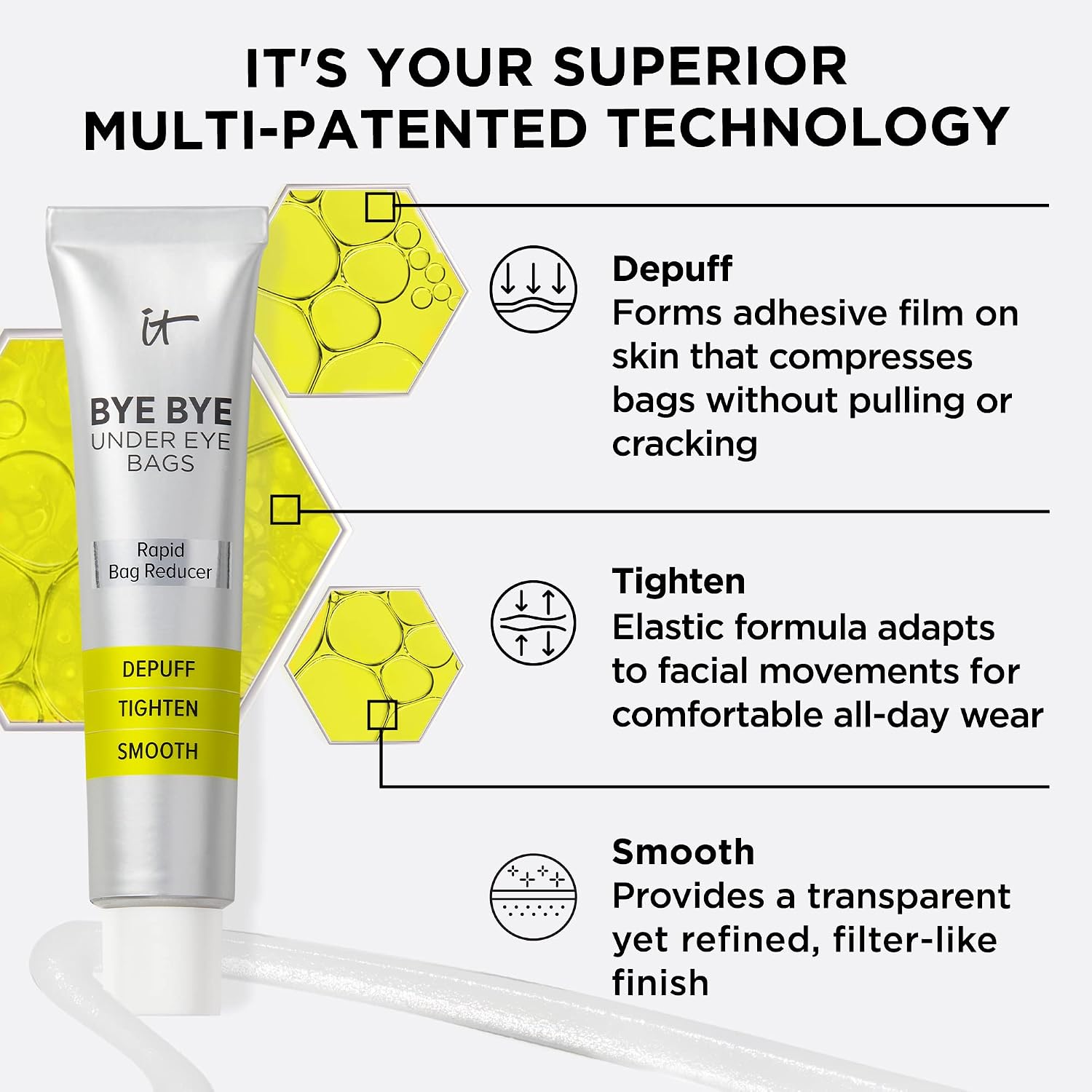 It Cosmetics Bye Bye Under Eye Bags Daytime Treatment - Temporary Eye Bag Reducer & Undereye Corrector, Smooths & Reduces Look Of Wrinkles & Fine Lines, Transparent Finish - 0.5 Oz