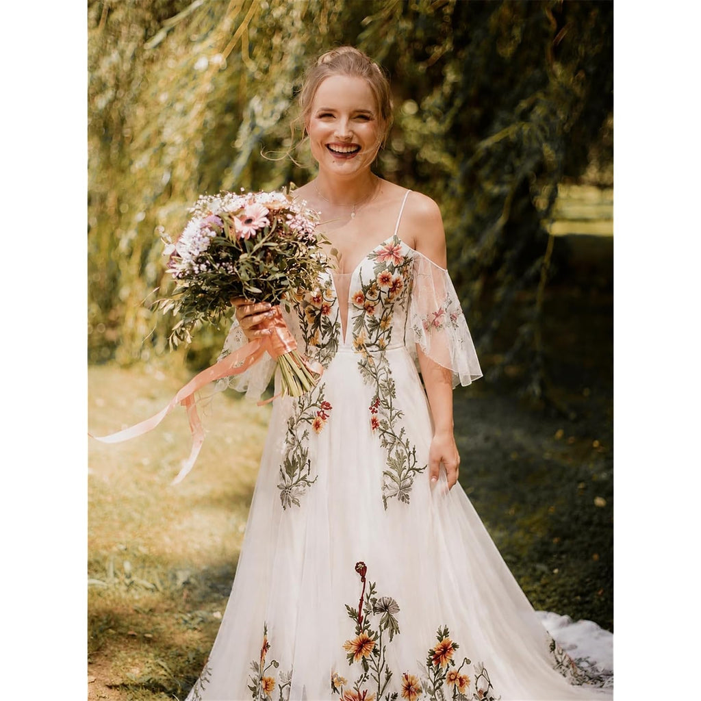 Floral Embroidered Wedding Dress For Bride Long Off Shoulder V Neck Chiffon Evening Bridal Gown