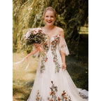 Floral Embroidered Wedding Dress For Bride Long Off Shoulder V Neck Chiffon Evening Bridal Gown