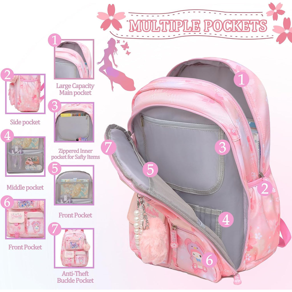 Lovely Girls Backpack School Bag For Students Kids Book Bag With Multiple Pockets Splash-Proof Children'S Backpack（17Inch Pink）