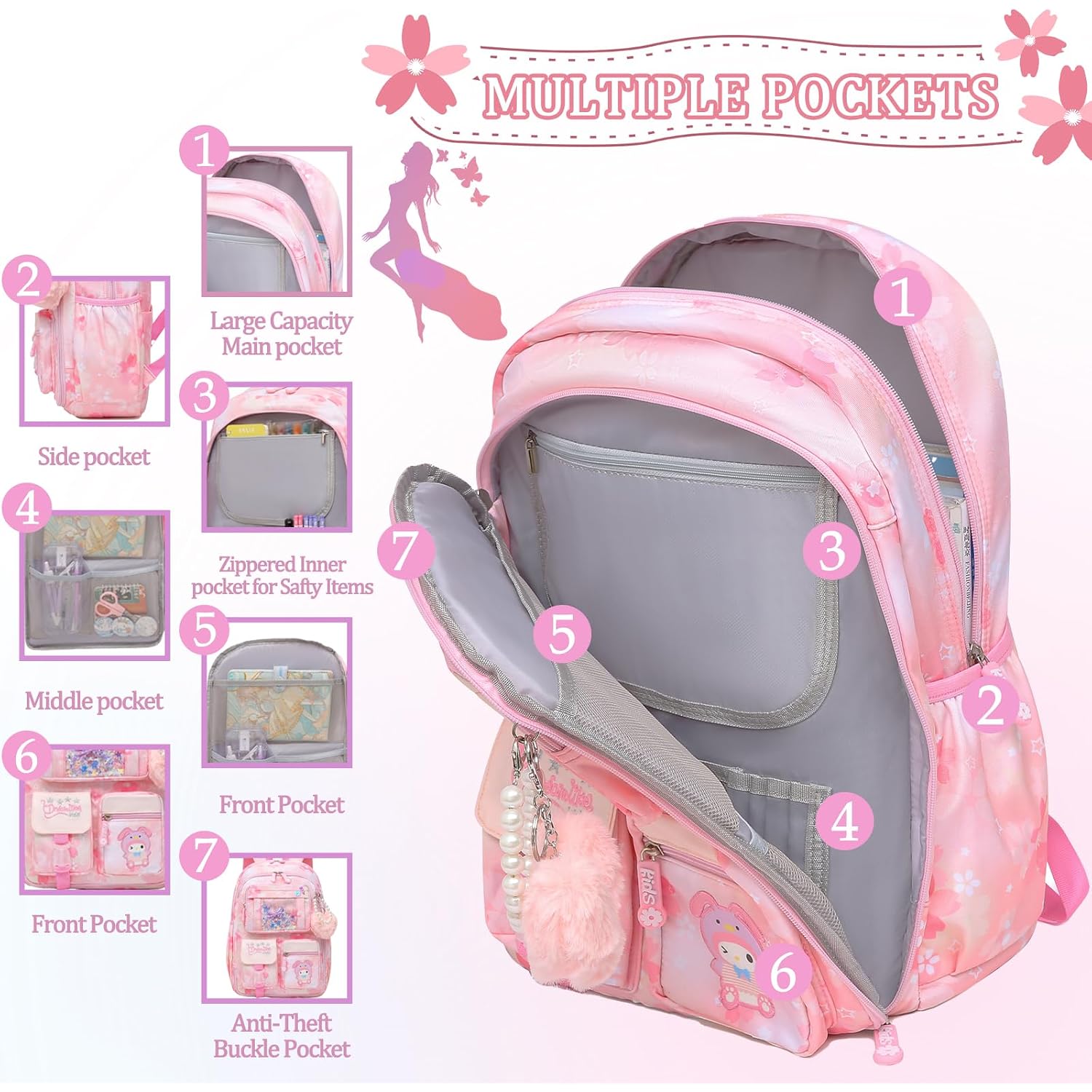Lovely Girls Backpack School Bag For Students Kids Book Bag With Multiple Pockets Splash-Proof Children'S Backpack（17Inch Pink）
