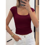 PRETTYGARDEN Womens Cap Sleeve T Shirts 2026 Square Neck Basic Tees Slim Fit Ribbed Knit Spring Going Out Tops Summer Clothes