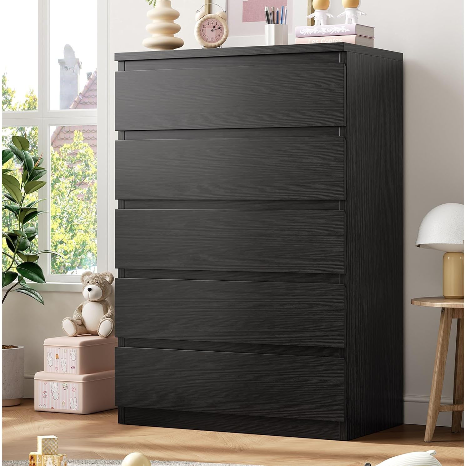 Jocoevol Black 5 Drawer Dresser For Bedroom, 15" D X 23.7" W X 40.4" H In Simply Chest Of Drawers, Wood Storage Dresser With Drawers For Living Room Hallway Entryway, Black