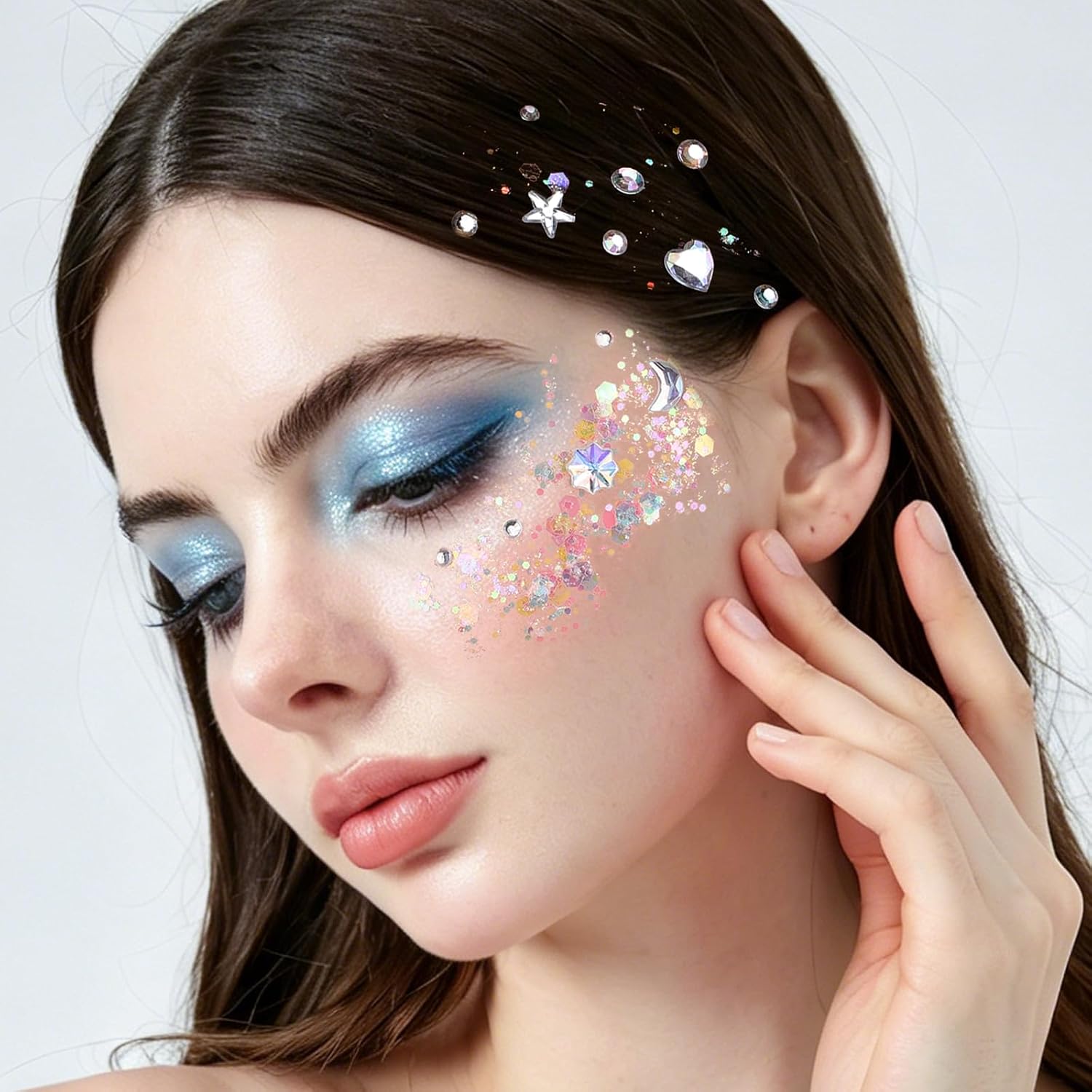Teenitor Body Glitter With Face Gems Stickers Set, 12 Pots Iridescent White Face Glitter Hair Glitter Gel & 4 Sheets Hair Jewelry For Kids Makeup, Hair Gems & Pearls Mermaid Accessories For Rave
