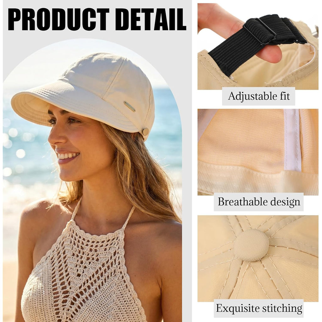 2 Pack Women Sun Hat UV Protection Hiking Fishing Hats Wide Brim Hat Adjustable Ponytail Packable Cap for Outdoor White, Khaki