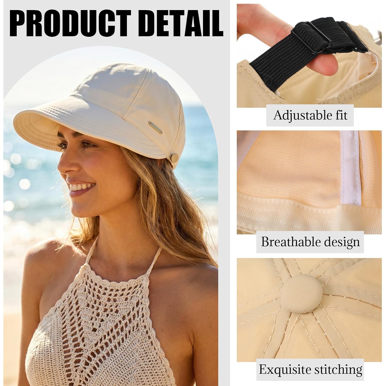 2 Pack Women Sun Hat UV Protection Hiking Fishing Hats Wide Brim Hat Adjustable Ponytail Packable Cap for Outdoor White, Khaki