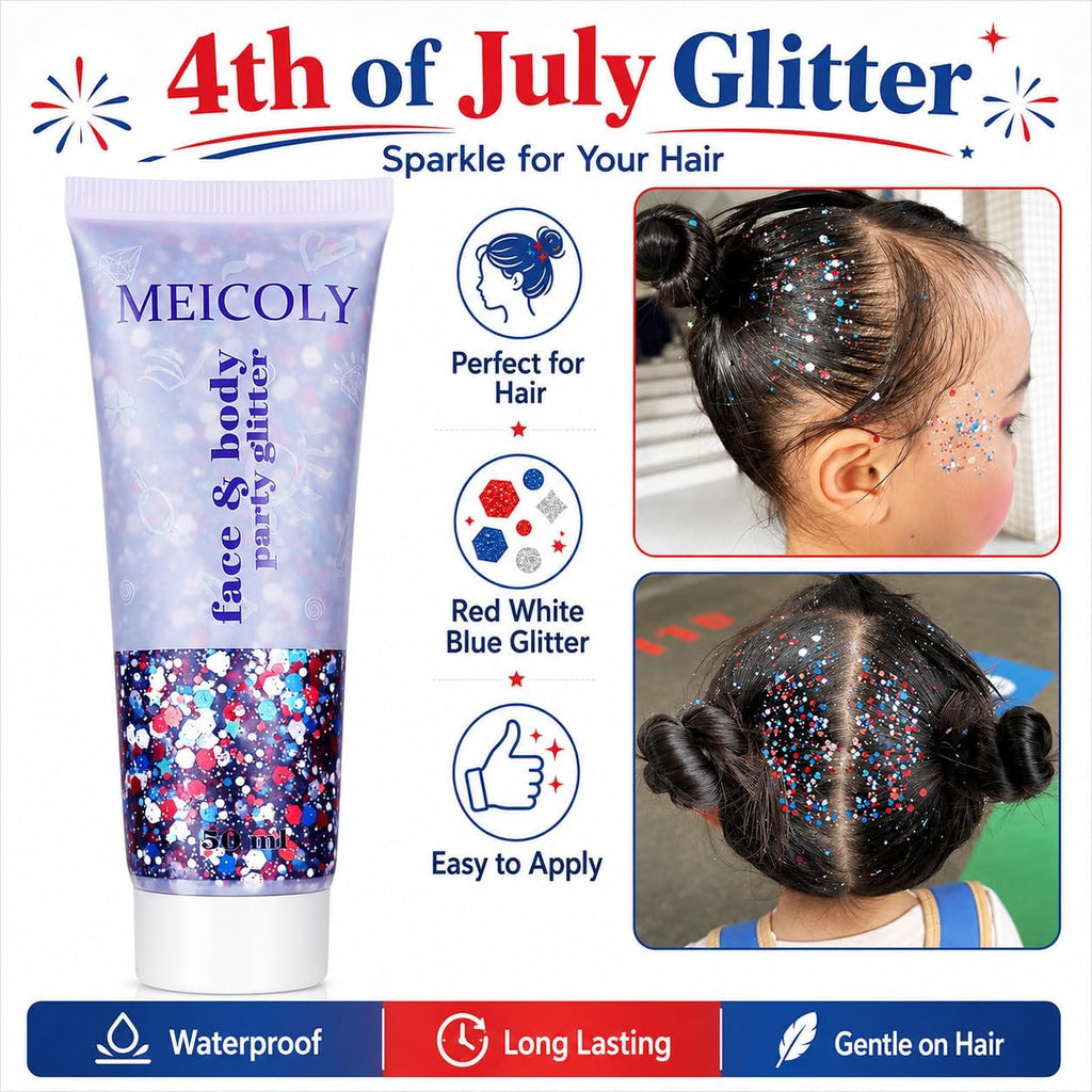 Red White and Blue Face Glitter,4th of July Star Hair Glitter for 2026 World Cup,4th of July Outfits for Women,Self-Adhesive Body Glitter for President's Day Veterans Day