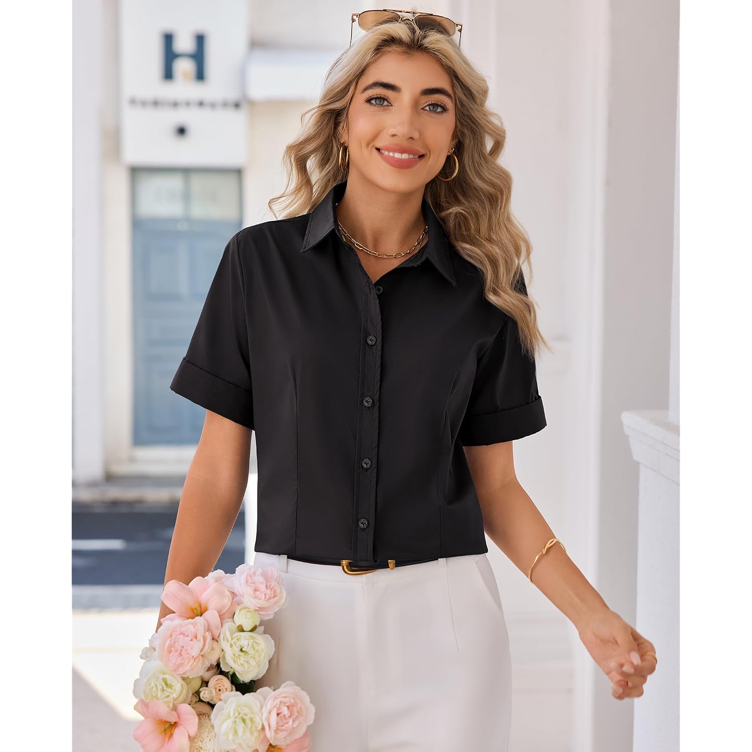Siliteelon Button Down Shirts For Women Stain-Resistant Short Sleeve Collared Dress Shirt Business Casual Tops Work Blouse