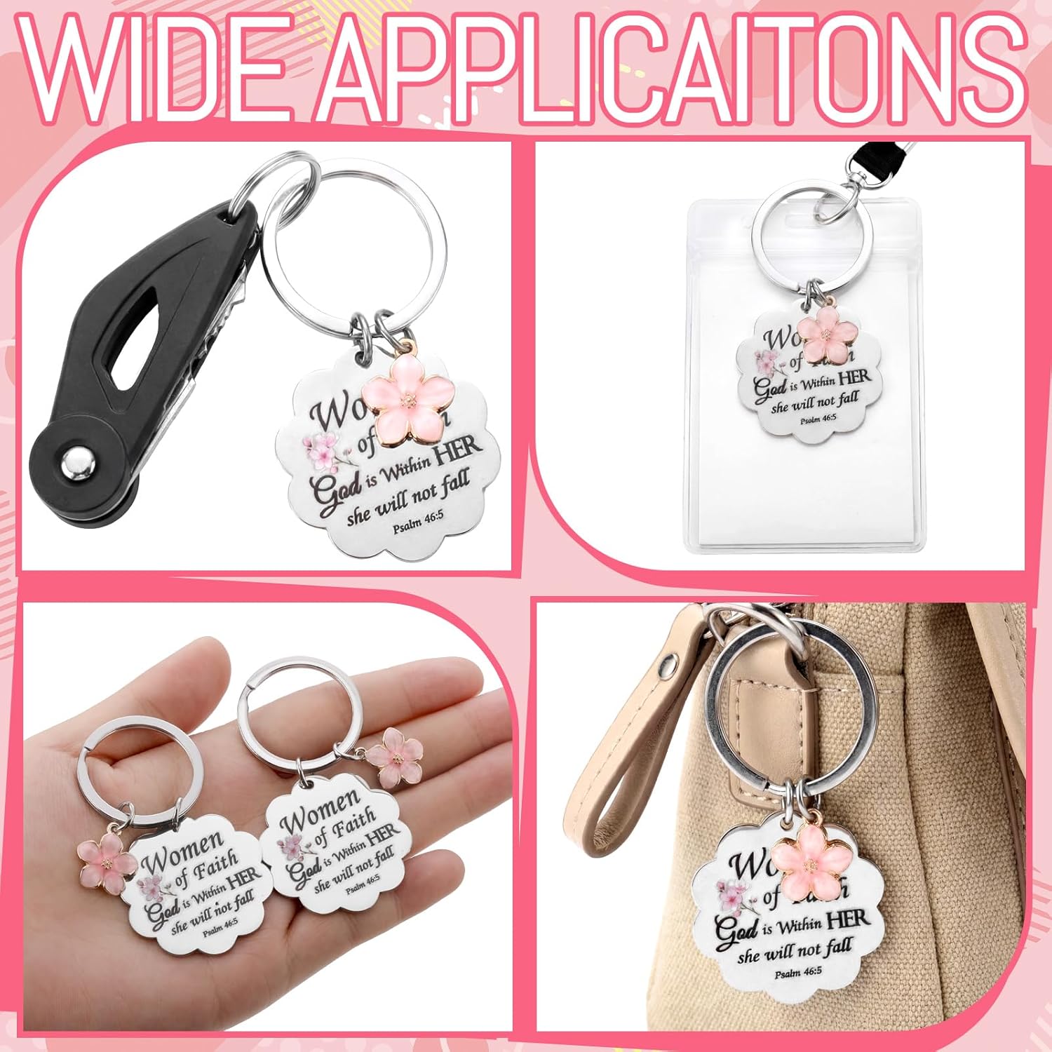 Cunno Christian Gifts Bulk Mother's Day Church Gifts Religious Keychain Bulk Scalloped with Enamel Sakura Woman of Faith