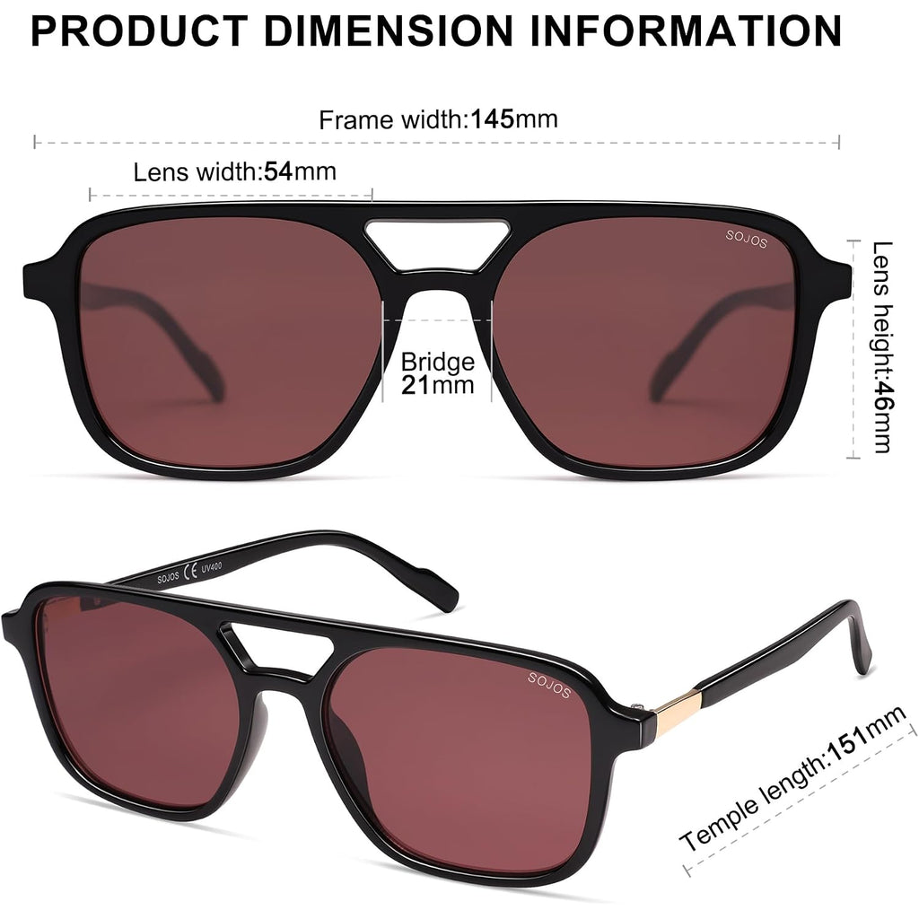 SOJOS Retro Aviator Sunglasses for Women Men,Trendy Rectangle Womens Mens Shades Sun Glasses SJ2202 Black Frame/Red Lens