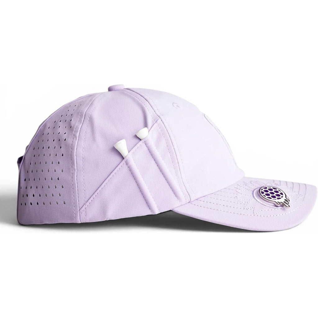 Ladies 6 Panel Unstructured Open Back Golf Hat - Snapback - Tee Holder With Tees & Bill Magnet With Ball Marker