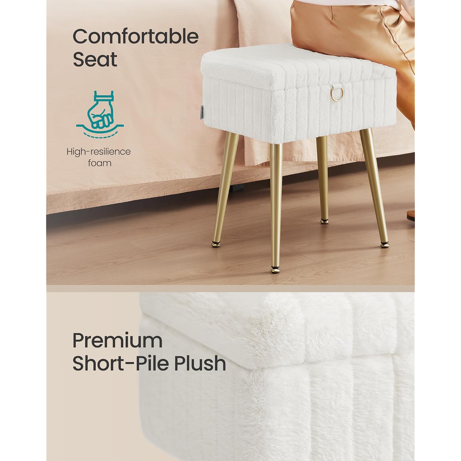 Songmics Vanity Stool Chair Faux Fur With Storage, Vanity Bench, Metal Legs, Adjustable Feet, For Living Room, Bedroom, Makeup Room, Cream White Ulom505Wz02
