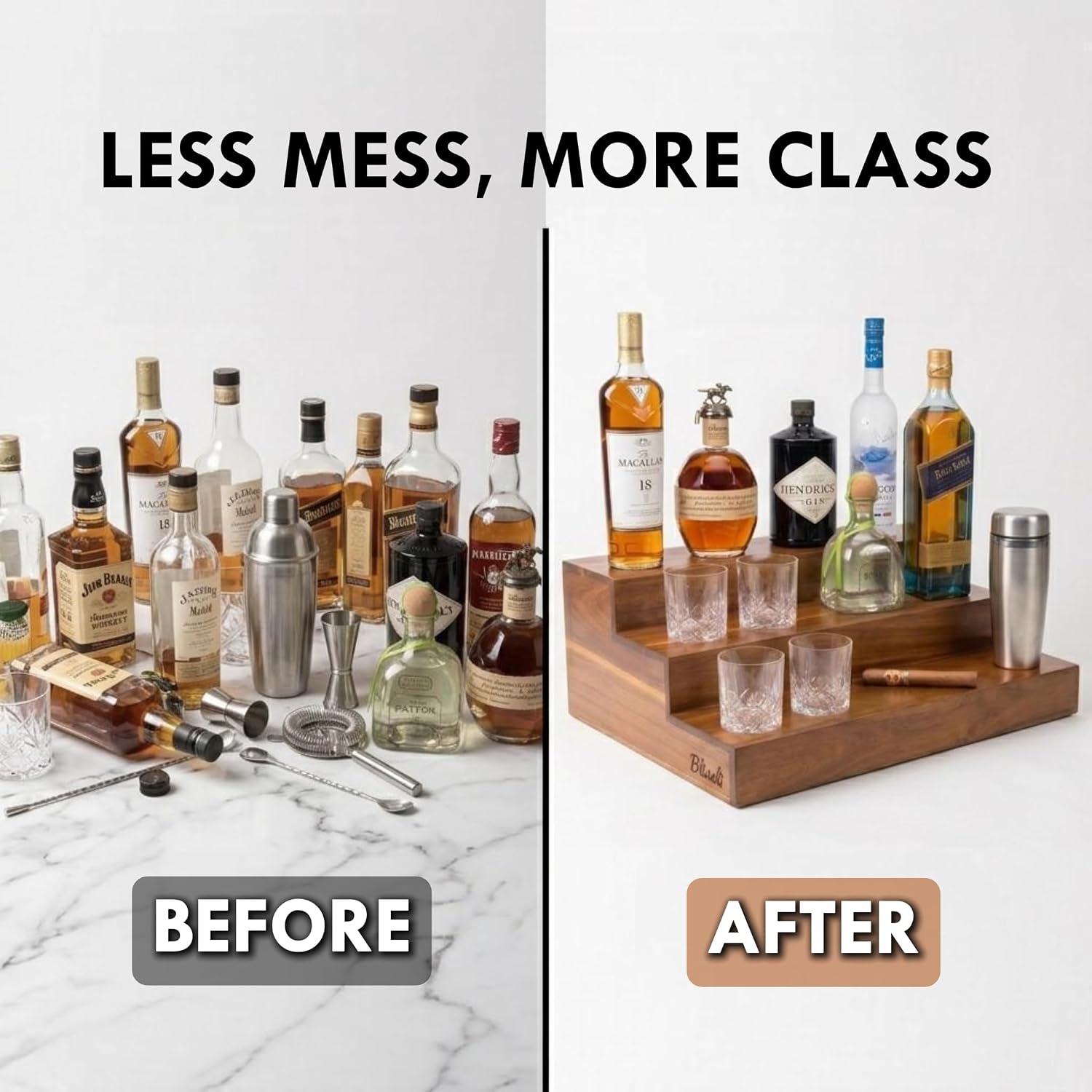 Premium Real Acacia Wood 3-Tier Liquor Bottle Display Shelf | No Assembly, Water Resistant, Extra Deep Steps, Bar Stand For Whiskey, Wine
