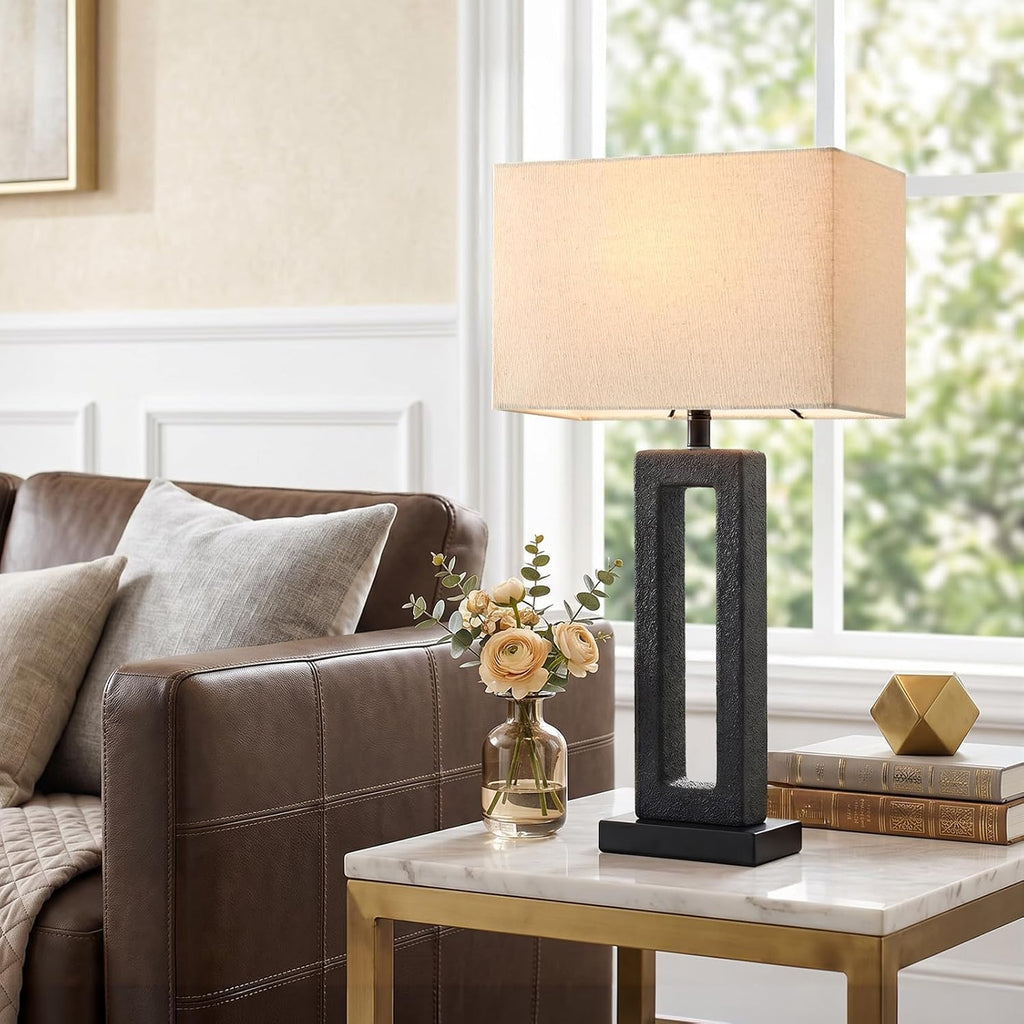 22" Matte Black Textured Ceramic Table Lamps Set Of 2, Modern Bedside Lamps With Linen Shade, 5Ft Cord Inline Rotary Gear Switch E26 Nightstand Lamp For Bedroom Living Room Entryway Decor