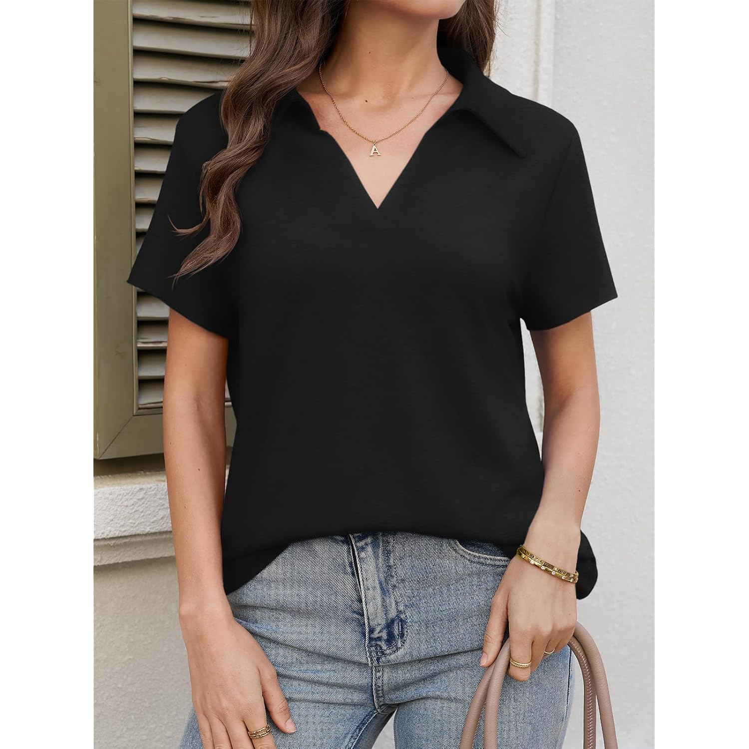 Short Sleeve Polo Shirts for Women Tennis Golf Shirt Business Casual Loose Collared V Neck Top Blouses