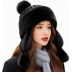Women Faux Fur Trapper Hat Winter Warm Furry Russian Trooper Hat with Ear Flaps Windproof Ushanka Beanie Cap for Outdoor Ski