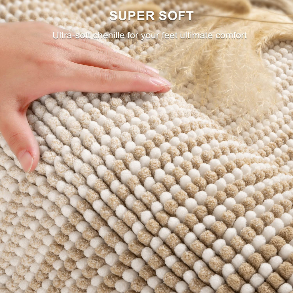 BSICPRO Bathroom Rugs and Mats Sets, 2 Piece Thick Absorbent Chenille Bath Mat Rug Set Non Slip, Soft Shaggy Bath Floor Mats for Bathroom, Machine Washable (20" x 47" Plus 16" x 24", Beige)