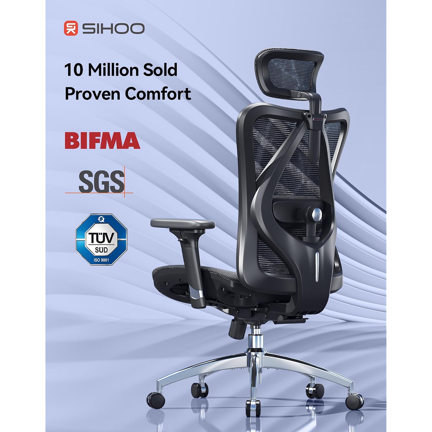Sihoo M57 Ergonomic Mesh Office Chair, High Back Home Desk Chair With 3D Armrests, Lumbar Support And Adjustable Headrest, Comfortable Computer Chair, Big & Tall Office Chair Hold 330 Lbs-Black
