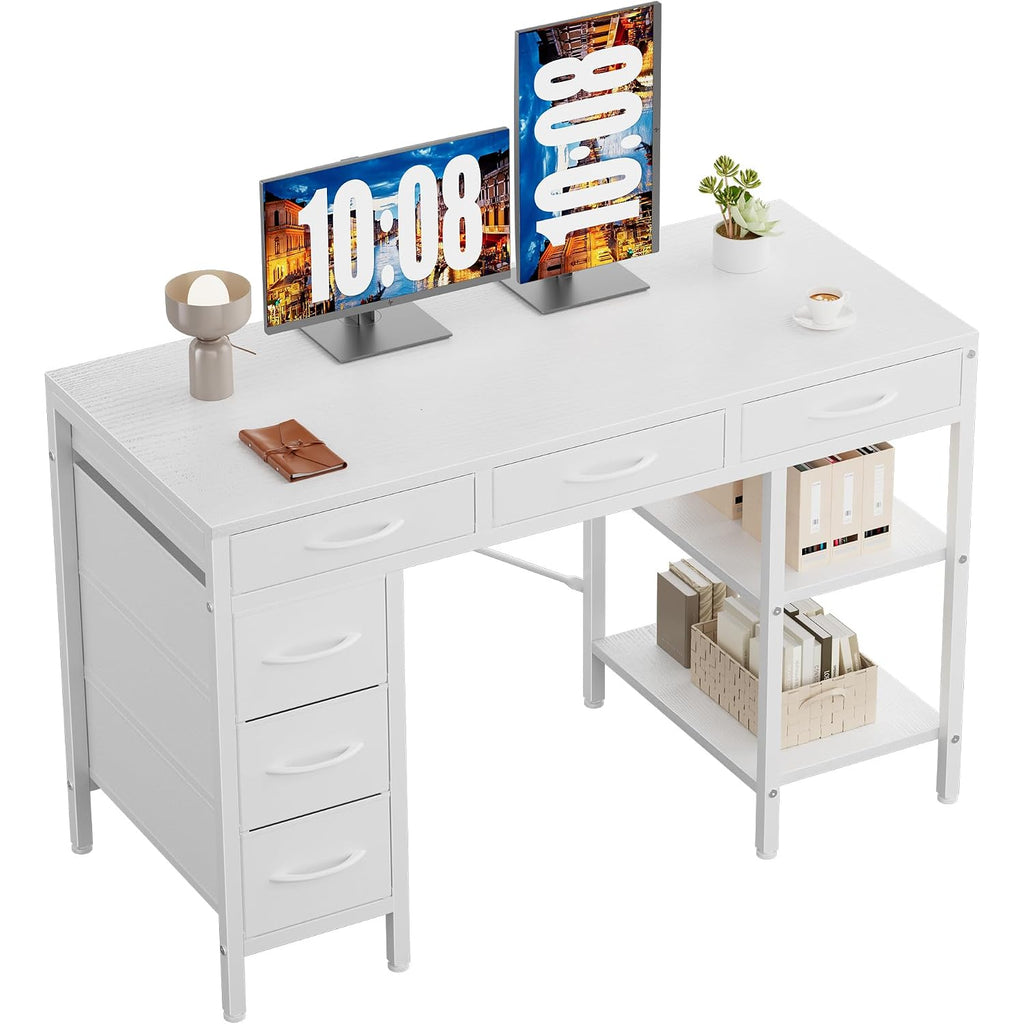 Sweetcrispy 47" Computer Desk With 6 Fabric Drawers, Home Office Gaming Desks With Storage Shelves For Bedroom, Writing Study Corner Living Room Work Table White