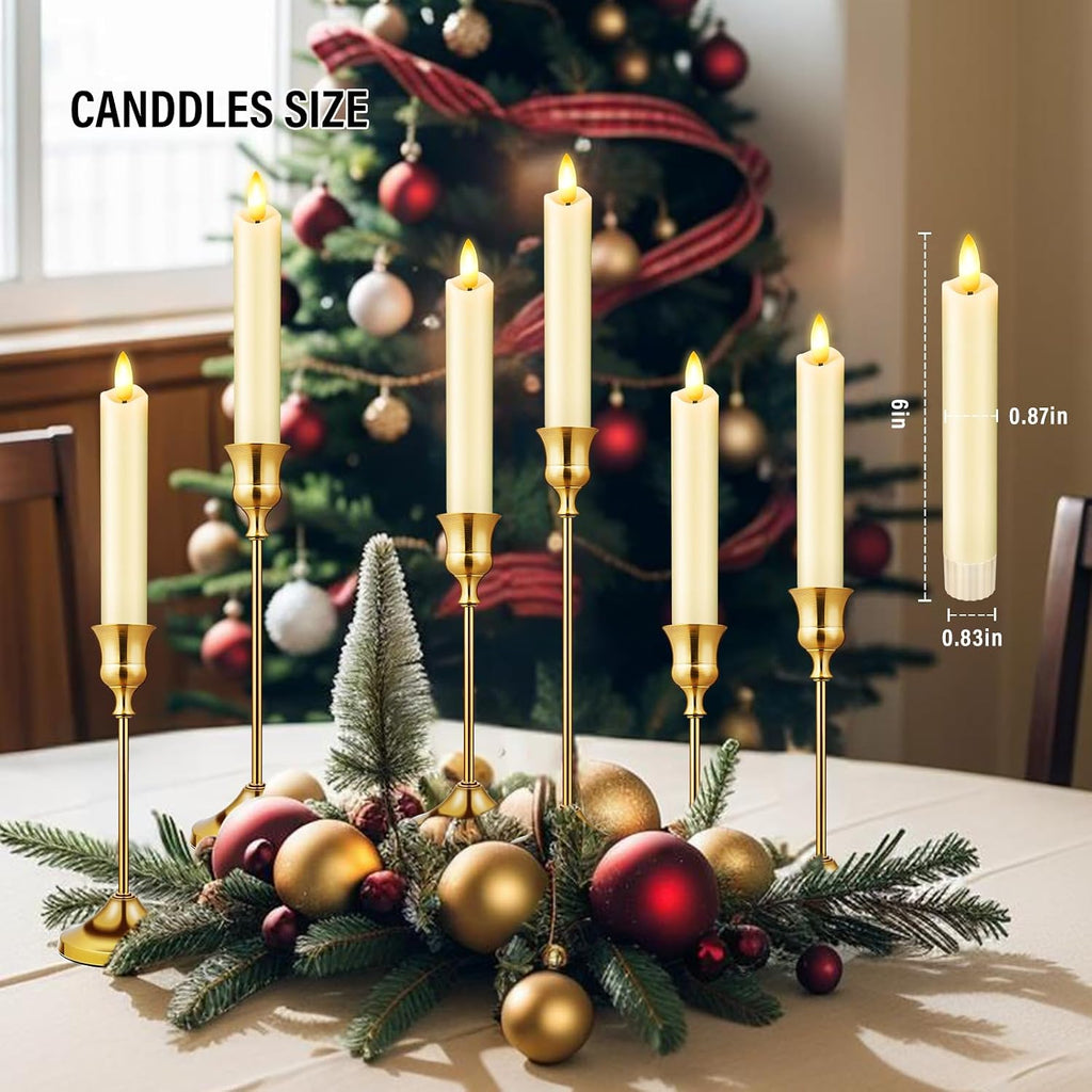Upgraded Real Wax Short Led Flameless Taper Candles With Remote, 6 Pcs Ivory Candlesticks Battery Operated 3D Flickering - 6" Realistic Fake Candle Sticks For Home/Wedding/Fireplace Xmas Decor