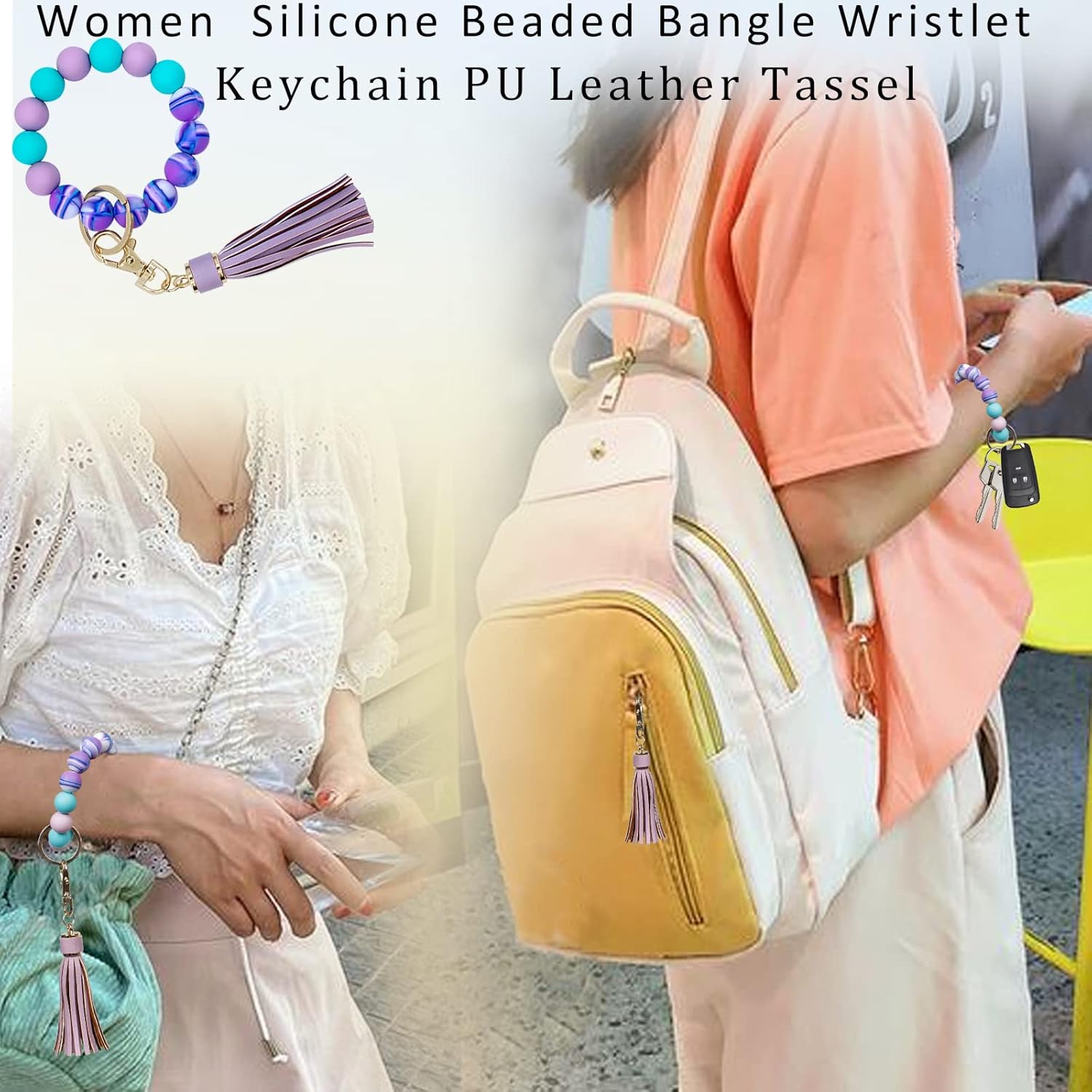 BIHRTC Key Ring Bracelet Car Keychain Holder Wristlet Silicone Women Beaded Bangle Chains