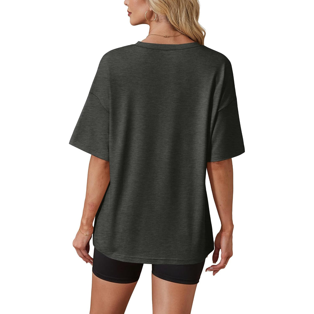 WIHOLL Oversized Tshirts for Women Summer Crew Neck Short Sleeve Graphic Tees Casual Loose Fit Workout Tops 2026 Flower Print Black
