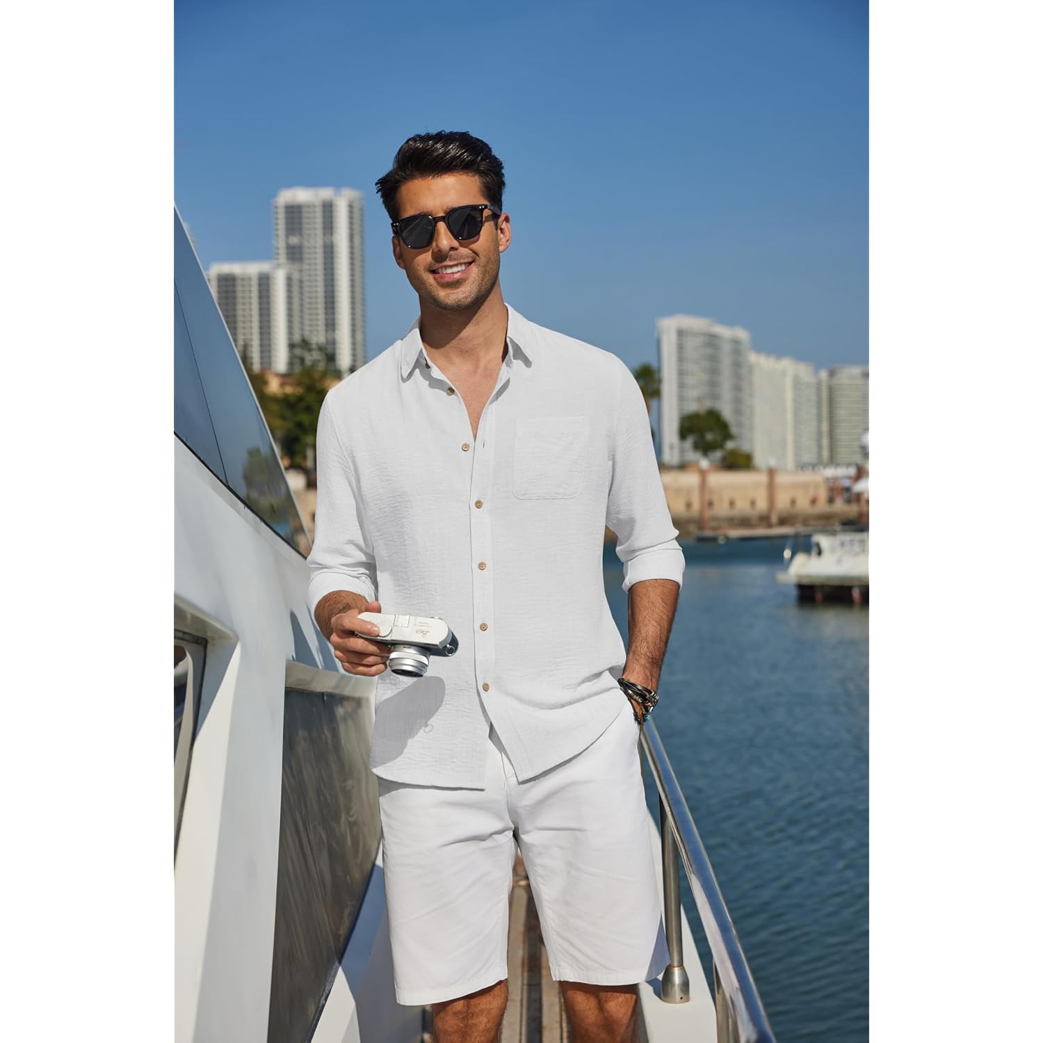 Coofandy Men'S Long Sleeve Button Down Shirt Casual Untucked Shirts Summer Beach Wedding Linen Textured Shirts