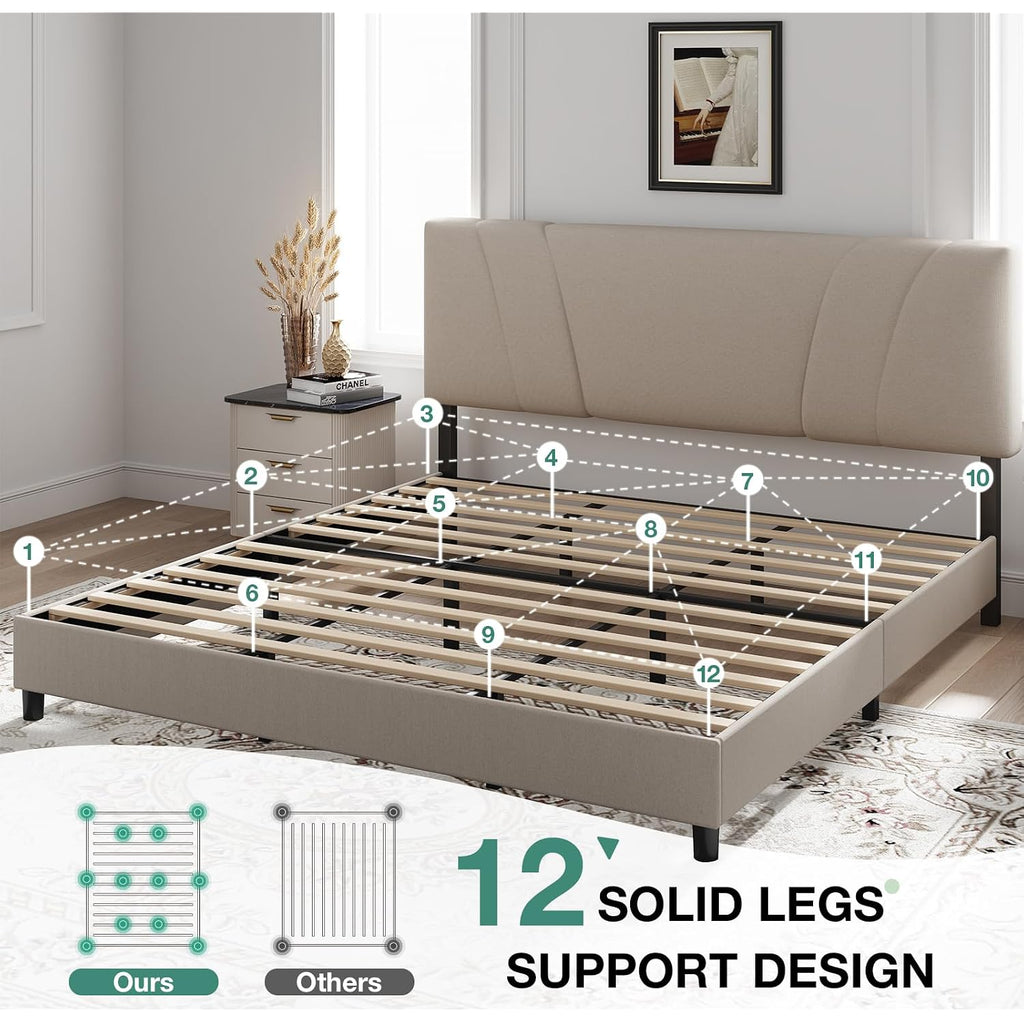 Novilla King Size Bed Frame With Adjustable Headboard Platform King Bed Frame Linen Fabric Upholstered Headboard, No Box Spring Needed, Noise-Free, Wooden Slats Support, Easy Assembly, Beige